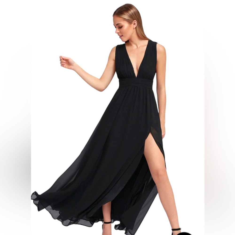 Lulu's Black Maxi Dress with Deep V & High Slit
